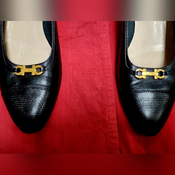 FERRAGAMO | Luisetta style | 9.5 women | Black leather & Lizard trim - Picture 6 of 9